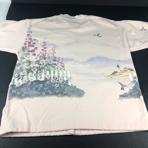 VTG Artisans Floral Light House Button Up Sweater Adult Medium Pink Nature Birds - Picture 8 of 11